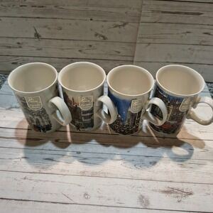 Dunoon Fine White Stoneware Mugs Set of 4 Victorian Street Scene Scotland NEW